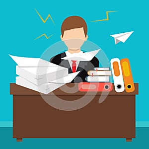 Flat style vector illustration. Busy cluttered office table.