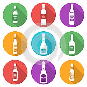 Flat style white silhouettes alcohol bottles icons set
