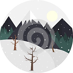 Flat style winter landscape in a round frame. Snowy day in mountains with forest on the background. Hills and mountains