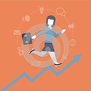 Flat style woman running up the rising income graphic concept