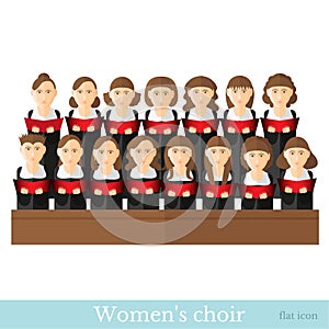 Flat style Women`s choir in two raws with black suits and red cover notes isolated