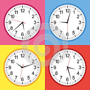 Flat style yellow, blue, pink and red analogue clock collection