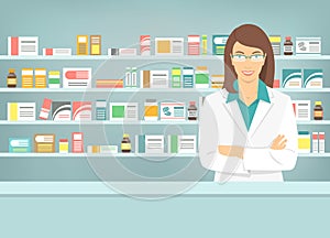Flat style young pharmacist at pharmacy opposite shelves of medicines
