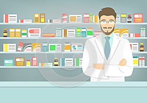 Flat style young pharmacist at pharmacy opposite shelves of medicines