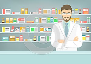 Flat style young pharmacist at pharmacy opposite shelves of medicines photo