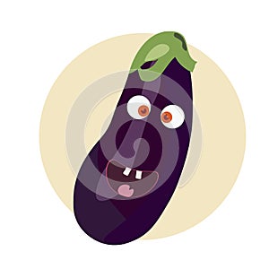 Flat styled illustration of an eggplant, aubergine, melongene or brinjal happy character face.