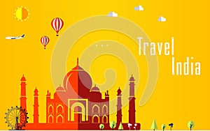 Flat stylish travel background, vector illustration for India, India, Travel and tourism concept