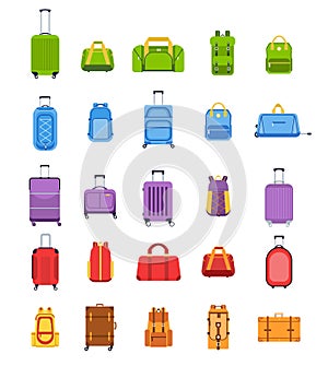 Flat suitcases. Luggage and handle bags, backpacks, leather case, travel suitcase and bag for trip, tourism and vacation