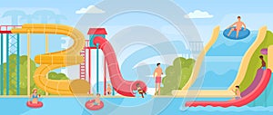 Flat summer aquapark landscape with parents and kids on water slides. Amusement swimming park with pool, spiral pipe and