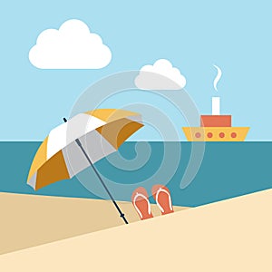 Flat summer beach. Umbrella wit boat. photo