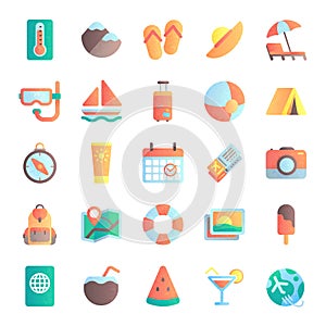 Flat summer icons. Vacation tour, beach umbrella in sand. Sea ship, sunrise and hot sun icon vector illustration set