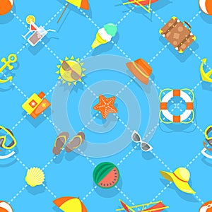 Flat Summer Vacation Beach Icons Seamless Background Pattern