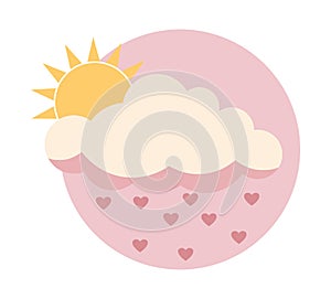 Flat sun behind cloud over pink sky with hearts rain isolated on white