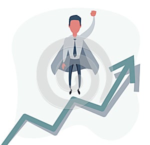 Flat super businessman carrying business graph up to the sky. Business success and leadership concept.