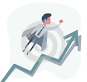 Flat super businessman carrying business graph up to the sky. Business success and leadership concept.