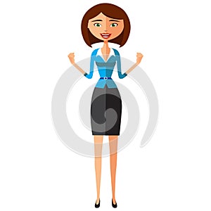 Flat surprised business woman throwing up his hands. Young confident business lady approving something. Cheerful business girl joy photo
