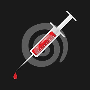 Flat syringe with red blood inside on dark background. Vector illustration. Blood Donation concept. Vector Illustration EPS 10.