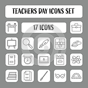 Flat Teacher Day Icon Set On Grey Square