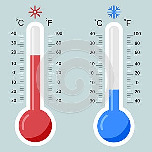 Flat thermometers. Hot and cold mercury thermometer control with accuracy meteorology fahrenheit and celsius scales temp