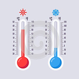 Flat thermometers. Hot and cold mercury thermometer with fahrenheit and celsius scales. Warm and cool temperature vector photo