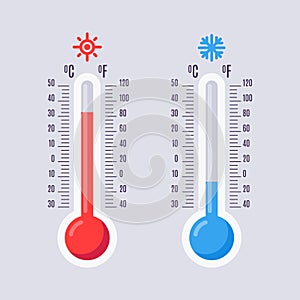 Flat thermometers. Hot and cold mercury thermometer with fahrenheit and celsius scales. Warm and cool temperature vector icons