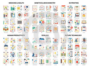 Flat thin line abstract icons vector illustration, modern design set in colors with innovation in medicine and genetics