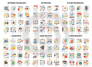 Flat thin line abstract icons vector illustration set with future technology of cloud data and network security, 3d