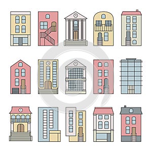 Flat thin line color vector city buildings skyline constructor set. photo