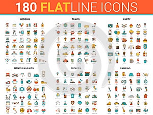 Flat thin line design icons vector illustration with fitness sport, wedding party celebration, travel camping and