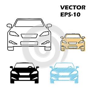 Flat and thin line icons for car front,transportation,vector illustrations