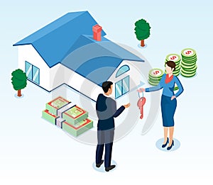 Flat tiny building purchase debt person`s, House Loan, Rent, Real Estate Agent and Mortgage concept. 3D Isometric Vector