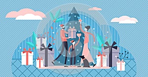 Flat tiny family Christmas vector illustration. Tiny winter persons concept