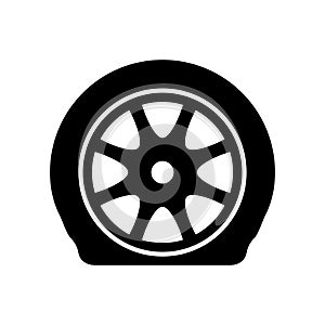 Flat tire icon. Deflated automobile tire. Punctured wheel of car. Tire service station garage. Vector illustration