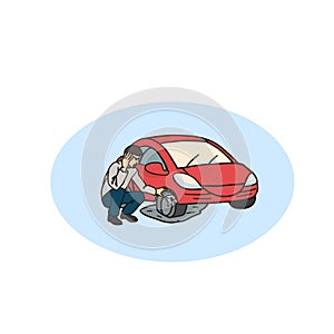 Flat tire on the road. Man having Car Trouble Accident Cartoon