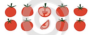 Flat tomato icons set, red tomato illustrations with green stems, fresh food elements