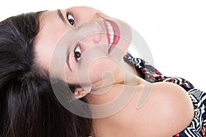 Flat top view portrait pretty young woman smiling beauty