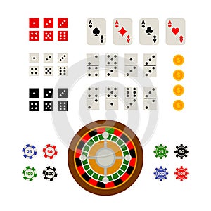 Flat top view set of gambling and casino items