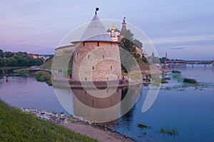 Flat tower in the Pskov Kremlin at dusk in July