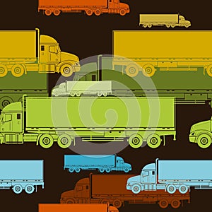 Flat Trailer Truck Vector Illustration With Dark Background Seamless Pattern