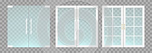 Flat transparent glass doors with handles. Vector illustration.