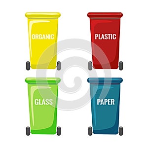 flat trash bins collection isolated on white background. Wheels cans for separate garbage collection. colored containers for