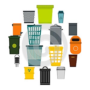 Trash can icons set, flat style