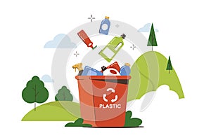 Flat trash can with waste plastic bottles