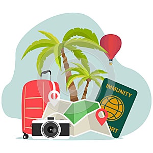 Flat traveling on airplane, planning a summer vacation, tourism and journey objects and passenger luggage. Immunity passpor