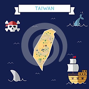 Flat treasure map of Taiwan, Republic Of China.