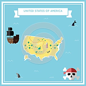 Flat treasure map of United States.