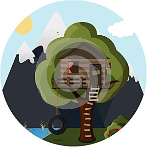 Flat tree house in the forest against the background of mountains and lake. Cute vector house for children with a ladder