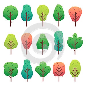 Flat trees set. Garden tree trunk, bush and pine. Nature green landscape vector isolated illustration