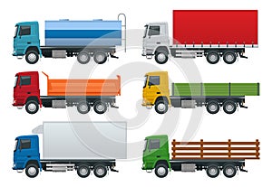 Flat trucks set isolated realistic vehicles on white background. Petroleum tanker, Dump Truck, Refrigerator truck