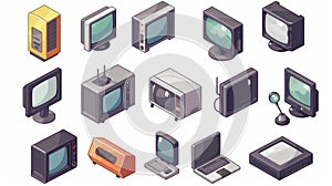 The flat tv icon and the computer monitor isometric moderns